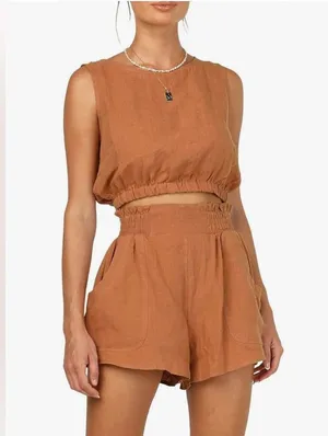 Trendy Queen 2 Piece Short Sets Sleeveless Lounge High Waisted orange XL thumbnail 1
