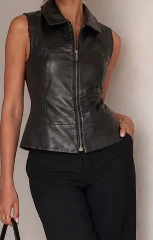Leather Zip Up Fitted Vest Womens Lg Black Vintage Pink Label Wilsons Whimsigoth thumbnail 1