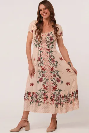 Angie Boho Floral Puff Sleeve Prairie Maxi Dress Cottagecore Cream Pink Medium thumbnail 1