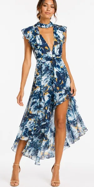 Bebe Floral Open-Back High-Low Midi Dress Blue Multi Women's Size XXS thumbnail 1