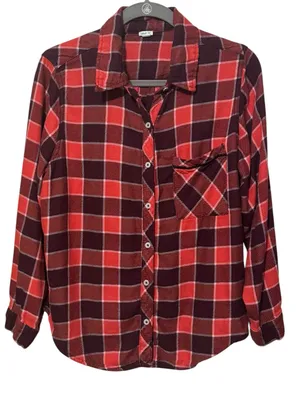 AERIE Plaid Flannel Pajama Shirt M 22.5” p2p Red/Burgundy thumbnail 2