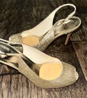 Stuart Weitzman Women's Gold Glitter Peep-Toe Slingback Heels thumbnail 1