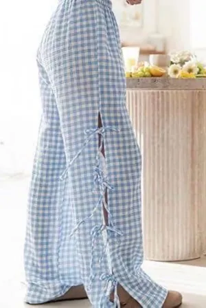Rosa Clothing Y2K Blue Gingham Bow Tie Side Slit Wide Leg Pants New Large thumbnail 1