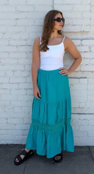ZARA Teal boho maxi skirt with ruffled tiers and lace trim sz L #boho #festival thumbnail 1