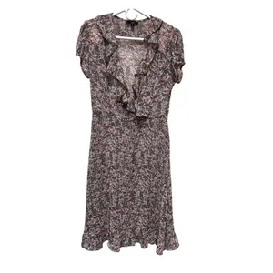 JBS Women Brown Pink Floral Ruffle V-Neck Sheer Mini Dress Size 10 NWT thumbnail 2