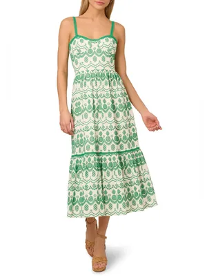Adrianna Papell White Green Size 6 Cotton Eyelet Ruffle Midi Dress Party Picnic thumbnail 4