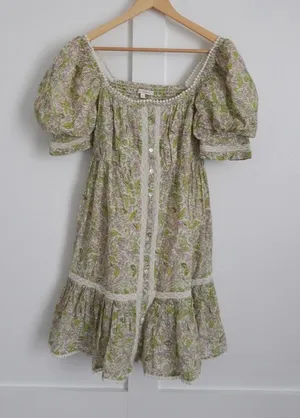 Anthropologie Love The Label Green Floral Puff Sleeve Mini Dress thumbnail 1