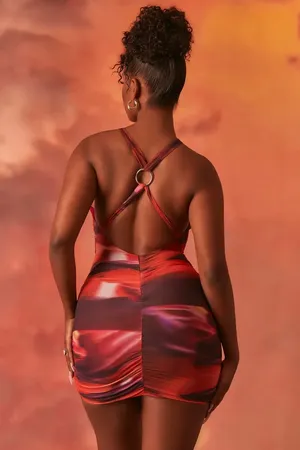 NWT Oh Polly Orange Red Abstract Ruched Mesh Bodycon Mini Dress V-Neck Size 6 thumbnail 11