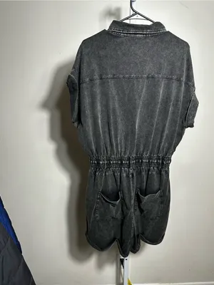 X110. white birch Washed Black Button-Front Short Sleeve Romper Top thumbnail 6
