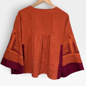 Jodifl Embroidered V-Neck Bell Sleeve Babydoll Top Orange Magenta G13191 thumbnail 5