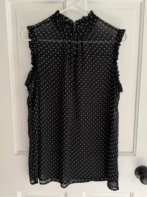Who What Wear XL Black White Polka Dot Ruffle Sleeveless Sheer Blouse‎ thumbnail 2