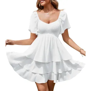 NEW Florboom Women’s Sweetheart Neckline Dress Smocked Tiered Skirt White size L thumbnail 1