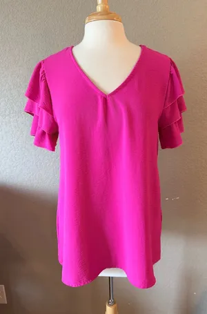 Entro Hot Pink Tiered Ruffle Sleeve V Neck Blouse Top Medium thumbnail 1