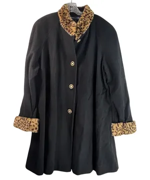 Herman Kay Vintage Black Wool Swing Coat Leopard Faux Fur Trim Plus 1X thumbnail 1