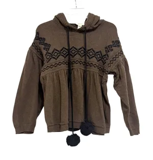 Diesel Brown Wool Blend Embroidered Pom Pom Babydoll Hoodie Sweater Small thumbnail 1
