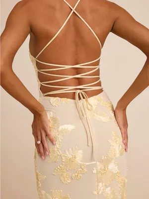 Lulu's Nantessa Light Yellow Floral Applique Lace-Up Maxi Dress thumbnail 5