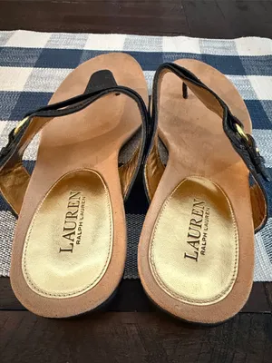 Lauren Ralph Lauren Black Leather Thong Sandals with Gold Buckle thumbnail 3