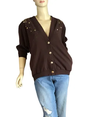 Vintage 1980'S Brown Nylon & Gold Stud Cardigan/Jacket (L) thumbnail 3