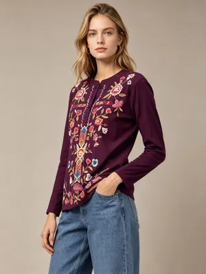 NWOT Johnny Was Anaya Floral-Embroidered Henley Top Tee Long Sleeve T-Shirt M thumbnail 3