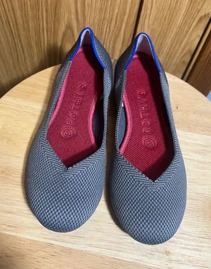 Rothy's Gray Knit Slip-On Flats with Red Insole and Blue Trim thumbnail 1