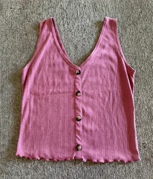 Caution to the Wind Pink Ribbed Button-Front Pointelle V-Neck Tank Top Medium thumbnail 1