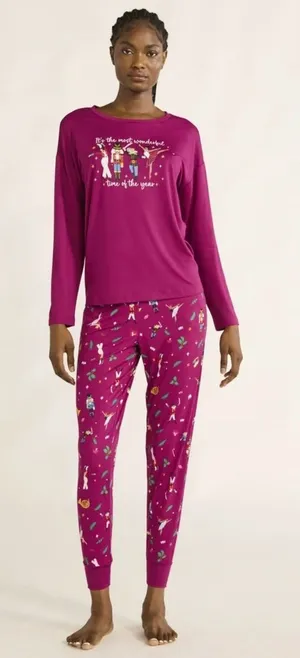 Joyspun nutcracker holiday Long Sleeve Jogger Pants Pajama Set Berry size large thumbnail 1