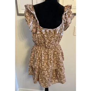American Eagle Brown/Pink Floral Ruffled Sleeve Tiered Mini Dress V-neck Large thumbnail 2
