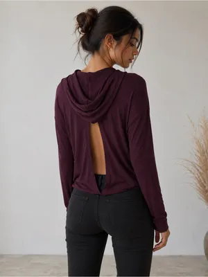 New York & Company Deep Plum Open-Back Hooded Long Sleeve Top thumbnail 2