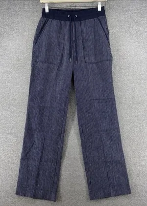 Athleta Pinstripe Wide Leg Pants Womens 4 Blue 100% Linen Coastal Drawstrings thumbnail 1