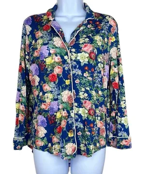 Posh Peanut Blue Pink Floral Button‎ Down Bamboo Classic Pajama Top Shirt Small thumbnail 1