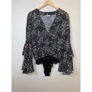 Free People Intimately Bodysuit Womens XS Black Floral Bell Sleeve Lace Boho thumbnail 2