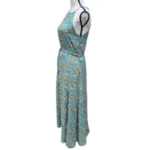 Silk & Salt‎ NWT Teal Floral Halter Maxi Dress Tie Waist Double Slit Medium thumbnail 3