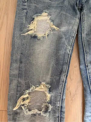 Machine distressed crystal embellished low rise denim jeans thumbnail 5