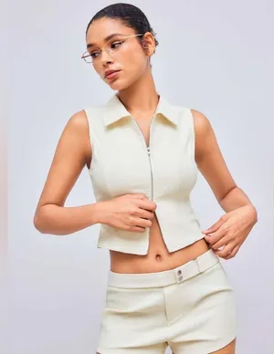 NWOT Cider Woven Collar Solid Zipper Tank Top Beige | TAGS CUT OUT SEE NOTES thumbnail 3