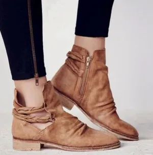 Free People Landslide Tan Bootie Ankle Boot Braided Leather Cutout Size 40‎ Tan thumbnail 1