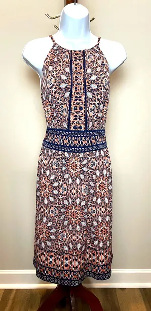 London Times Orange Blue Boho Halter Midi Dress Size 14 thumbnail 1