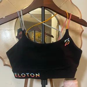 Peloton Women’s Black Logo Sports Bra with Colorful Criss Cross Straps Active thumbnail 1