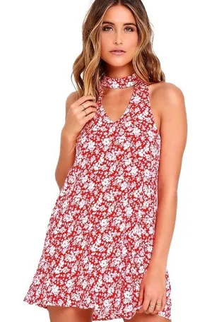 Lulu's Lean Close Floral Print Swing Dress Size XS Red Ivory White High Neck thumbnail 1