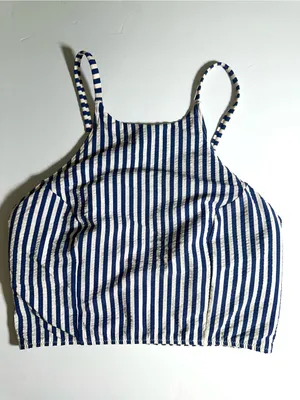 Lululemon Seersucker High-Neck Long-Line Swim Womens Navy Top Sz Small thumbnail 1