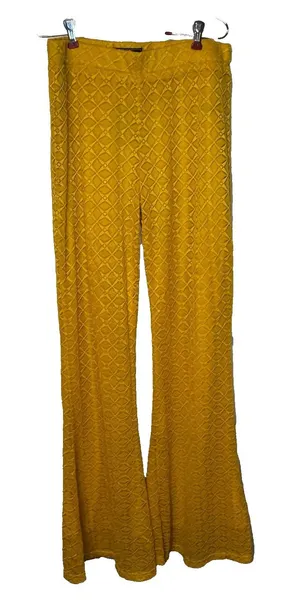 Lucky & Blessed Womens Pants Flare Leg Stretch Boho Hippie Lace Yellow Large NWT thumbnail 1