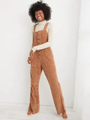 Aerie Corduroy Kick Flare Overalls jumpsuit khaki wide leg cappuccino buttons thumbnail 5