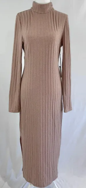 Floret Studios New Twist Open Back Long Sleeve Ribbed Sweater Dress Mocha thumbnail 5