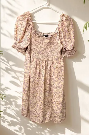 As You Wish Pastel Yellow Mini Dress with Lavender Floral Print thumbnail 1
