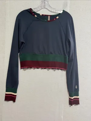 Free People Navy Cropped Long-Sleeve Top Open Back with Green and Burgundy Trim thumbnail 1
