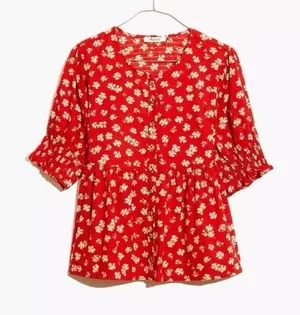 Madewell‎ Floral Peplum Top Womens Large 100% Cotton Red Puff Sleeve thumbnail 1