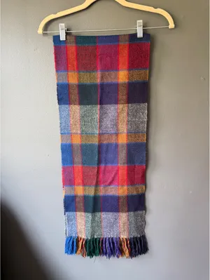 Colorful Plaid Wool Blend Scarf with Fringe thumbnail 5