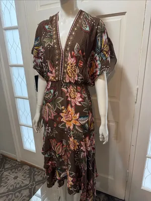 Farm Rio Anthropologie Valentina Brown Floral Maxi Dress In Brown Motif Size XS thumbnail 7