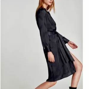 Zara NWT black v neck split hem tie belt long sleeve midi dress thumbnail 7