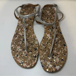 TORY BURCH Marion Confetti Cork T-Strap Silver Metallic Leather Thong Sandal 7.5 thumbnail 3