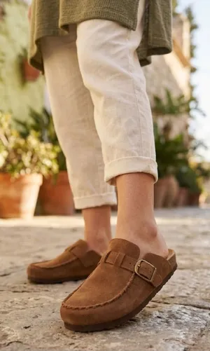 Cushionare Women’s Suede Buckle Mules in Brown thumbnail 1
